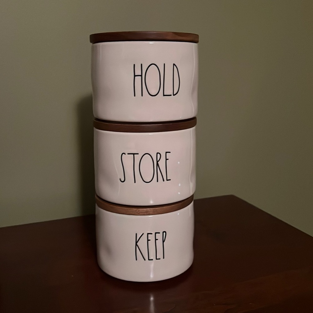 Rae Dunn “Hold” “Store”, and “Keep” containers.